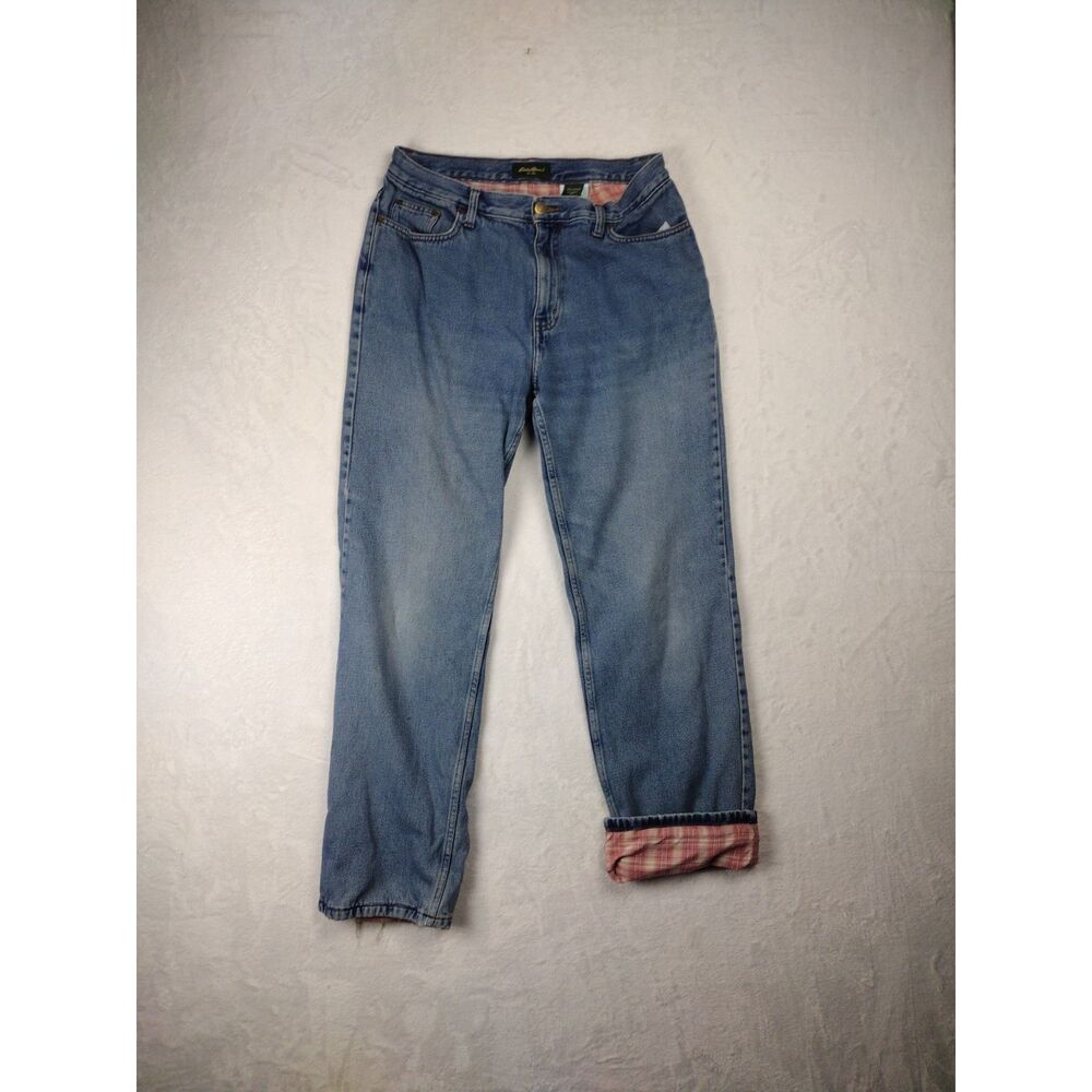 Eddie‎ Bauer Womens Flannel Lined Jeans Size 12 Medium Wash Straight Leg Plaid